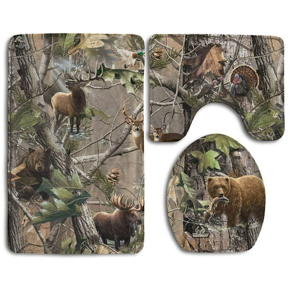 CHAPLLE Moose Deer Bear in Forest 3 Piece Bathroom Rugs Set Bath Rug Contour Mat and Toilet Lid Cover