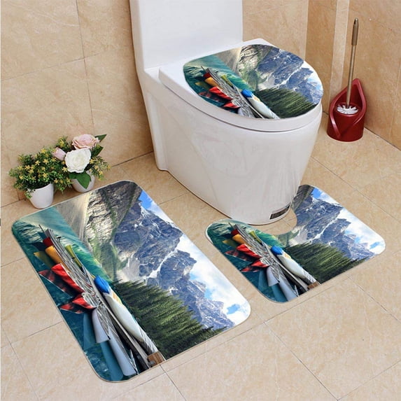 CHAPLLE Moraine Lake in Rocky Mountains Alberta Canada 3 Piece Bathroom Rugs Set Bath Rug Contour Mat and Toilet Lid Cover