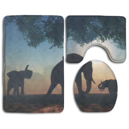 CHAPLLE Mother Child Elephant Family 3 Piece Bathroom Rugs Set Bath Rug Contour Mat and Toilet Lid Cover