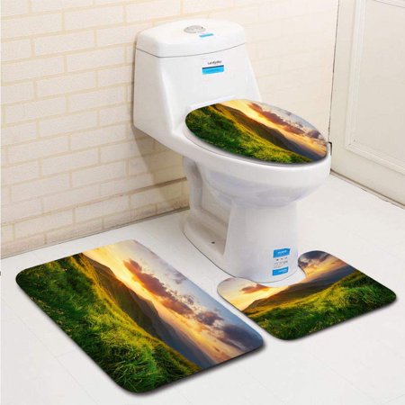 CHAPLLE Mountain Landscape 3 Piece Bathroom Rugs Set Bath Rug Contour Mat and Toilet Lid Cover