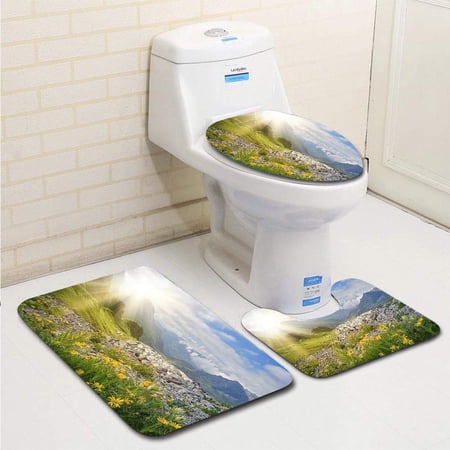 CHAPLLE Mountains Landscape 3 Piece Bathroom Rugs Set Bath Rug Contour Mat and Toilet Lid Cover