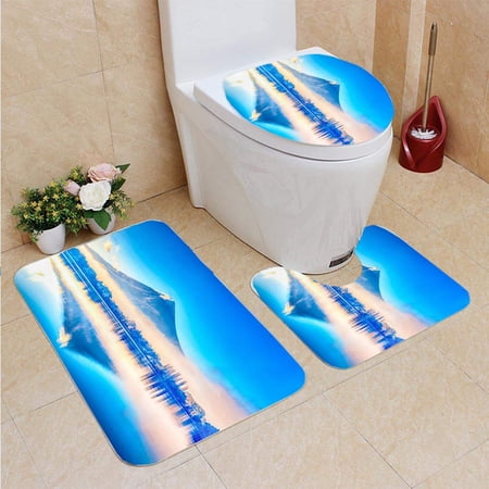 CHAPLLE Mt Fuji in Early Morning Reflection Lake kawaguchiko 3 Piece Bathroom Rugs Set Bath Rug Contour Mat and Toilet Lid Cover