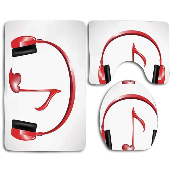 CHAPLLE Music Love Sound Headphones Heart Shaped Key Note Melody Fancy Artful 3 Piece Bathroom Rugs Set Bath Rug Contour Mat and Toilet Lid Cover