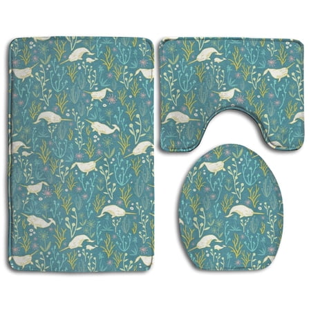 CHAPLLE Narwhal 3 Piece Bathroom Rugs Set Bath Rug Contour Mat and Toilet Lid Cover