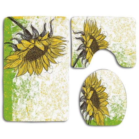 CHAPLLE Nature Floral Sunflowers in a Fiels Garden Sketchy Abstract Detail 3 Piece Bathroom Rugs Set Bath Rug Contour Mat and Toilet Lid Cover