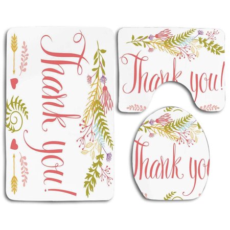 CHAPLLE Nature Romantic Thank You Quote Surrounded Leaves Ivy Hearts and Arrows 3 Piece Bathroom Rugs Set Bath Rug Contour Mat and Toilet Lid Cover