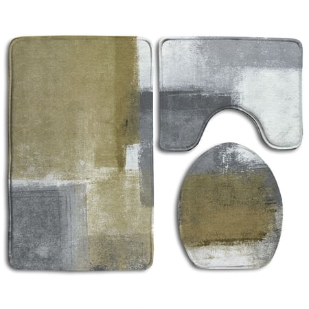 CHAPLLE Neutral Abstract Art Painting 3 Piece Bathroom Rugs Set Bath Rug Contour Mat and Toilet Lid Cover