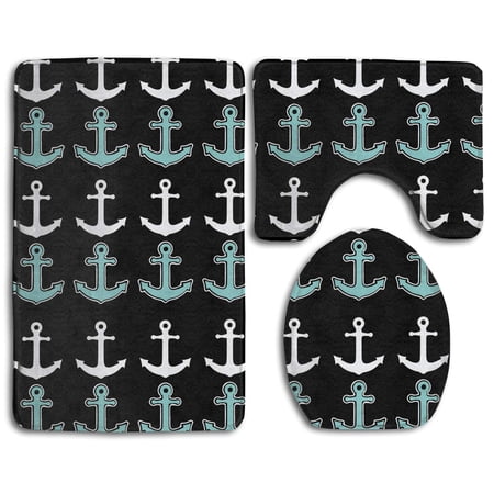 CHAPLLE New Nautical Anchor Black 3 Piece Bathroom Rugs Set Bath Rug Contour Mat and Toilet Lid Cover