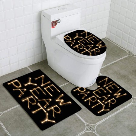 CHAPLLE New Year Party Text Written Sparkler Firework 3 Piece Bathroom Rugs Set Bath Rug Contour Mat and Toilet Lid Cover