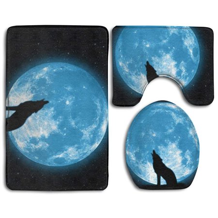 CHAPLLE Night Wolf Howling in Moonlight 3 Piece Bathroom Rugs Set Bath Rug Contour Mat and Toilet Lid Cover