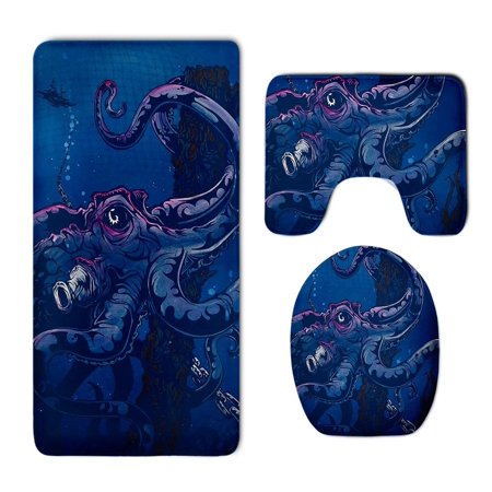 CHAPLLE Octopus Devilfish 3 Piece Bathroom Rugs Set Bath Rug Contour Mat and Toilet Lid Cover