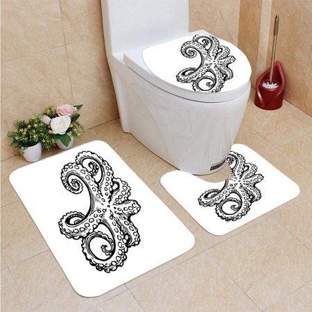 CHAPLLE Octopus Ink Sketch 3 Piece Bathroom Rugs Set Bath Rug Contour Mat and Toilet Lid Cover