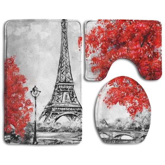 CHAPLLE Oil Painting Paris European City Landscape France Eiffel Tower 3 Piece Bathroom Rugs Set Bath Rug Contour Mat and Toilet Lid Cover