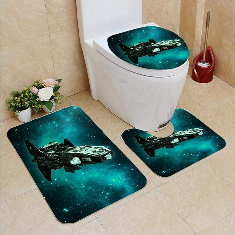 Chaplle Old Alien Spaceship in Deep Space Dirty Spacecraft Flying in Universe Stars in Ufo Bot 3 Piece Bathroom Rugs Set Bath Rug Contour Mat and