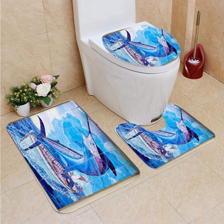 CHAPLLE Old Man Sea Grand Cayman 3 Piece Bathroom Rugs Set Bath Rug Contour Mat and Toilet Lid Cover