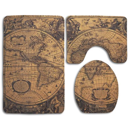 CHAPLLE Old Vintage Map World 3 Piece Bathroom Rugs Set Bath Rug Contour Mat and Toilet Lid Cover