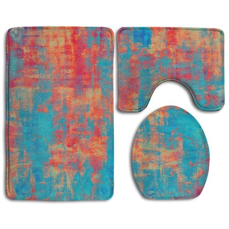 CHAPLLE Old Weathe Grunge Texture Different Color Cyan Orange Yellow 3 Piece Bathroom Rugs Set Bath Rug Contour Mat and Toilet Lid Cover