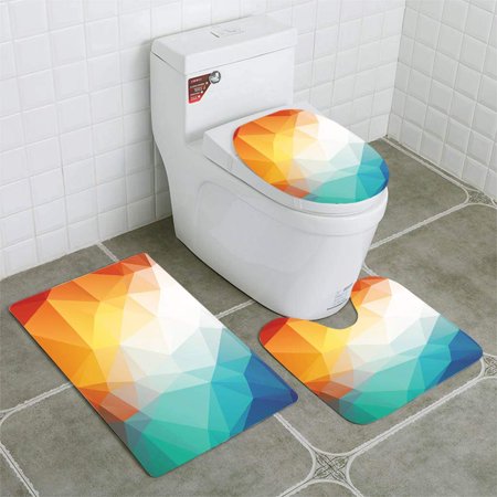 CHAPLLE Orange Blue Polygon ice fire 3 Piece Bathroom Rugs Set Bath Rug Contour Mat and Toilet Lid Cover