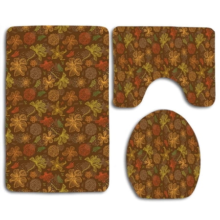 CHAPLLE Orange Yellow Flowers and Leaves 3 Piece Bathroom Rugs Set Bath Rug Contour Mat and Toilet Lid Cover