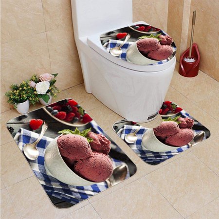 CHAPLLE Organic Berry Sorbet Ice Cream 3 Piece Bathroom Rugs Set Bath Rug Contour Mat and Toilet Lid Cover