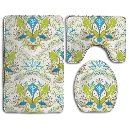 CHAPLLE Oriental Floral 3 Piece Bathroom Rugs Set Bath Rug Contour Mat and Toilet Lid Cover
