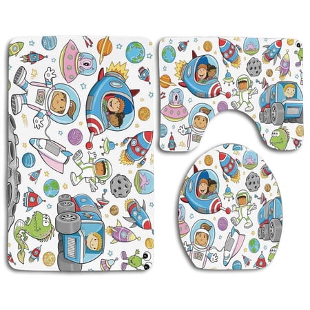 CHAPLLE Outer Space Cute Deep Space Astronaut Girl Boy Aliens Rockets on Moon Kids Nursery Theme 3 Piece Bathroom Rugs Set Bath Rug Contour Mat and Toilet Lid Cover