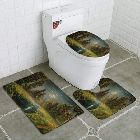 CHAPLLE Painting a Stream and Grass at Night 3 Piece Bathroom Rugs Set Bath Rug Contour Mat and Toilet Lid Cover