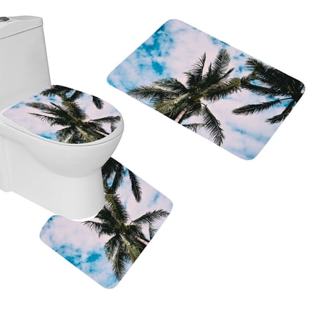 CHAPLLE Palm Tree Leave 3 Piece Bathroom Rugs Set Bath Rug Contour Mat and Toilet Lid Cover