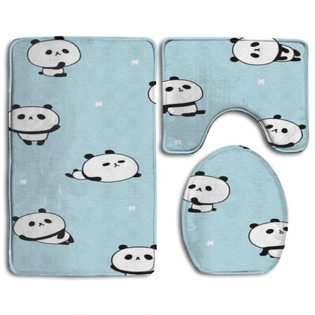 CHAPLLE Panda Blue 3 Piece Bathroom Rugs Set Bath Rug Contour Mat and Toilet Lid Cover