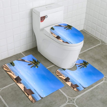 CHAPLLE Paradise Tropical Beach Beautiful Palm Tree and Two deckchairs 3 Piece Bathroom Rugs Set Bath Rug Contour Mat and Toilet Lid Cover