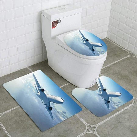 CHAPLLE Passenger Jet Airplane Over Clouds 3 Piece Bathroom Rugs Set Bath Rug Contour Mat and Toilet Lid Cover