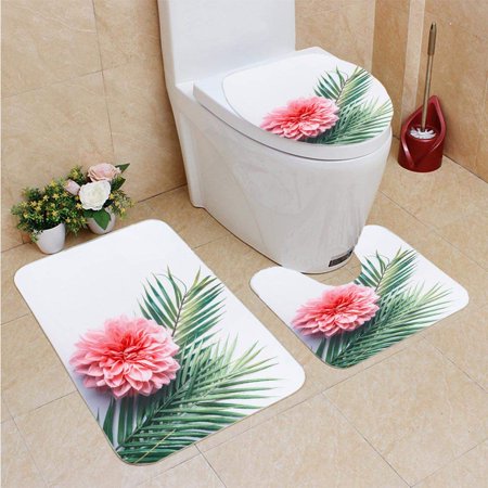 CHAPLLE Pastel Flower Tropical Palm Leaves Desktop 3 Piece Bathroom Rugs Set Bath Rug Contour Mat and Toilet Lid Cover