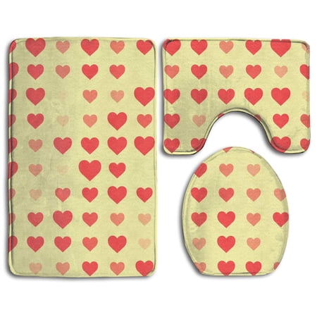 CHAPLLE Pastel Heart Seamless 3 Piece Bathroom Rugs Set Bath Rug Contour Mat and Toilet Lid Cover