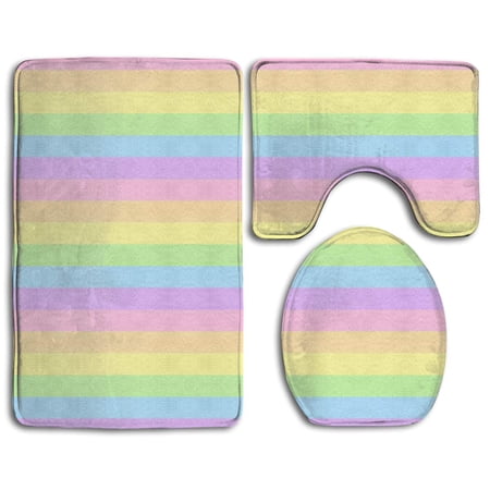 CHAPLLE Pastel Rainbow Striped 3 Piece Bathroom Rugs Set Bath Rug Contour Mat and Toilet Lid Cover