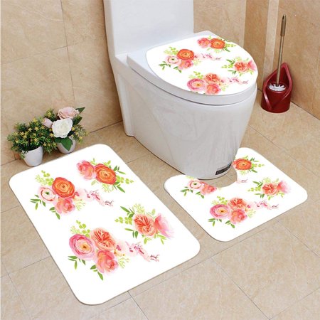 CHAPLLE Peachy Roses Ranunculus Herbs Bouquets Elements 3 Piece Bathroom Rugs Set Bath Rug Contour Mat and Toilet Lid Cover