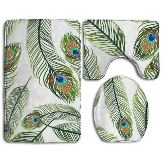 CHAPLLE Peacock Feathers 3 Piece Bathroom Rugs Set Bath Rug Contour Mat and Toilet Lid Cover