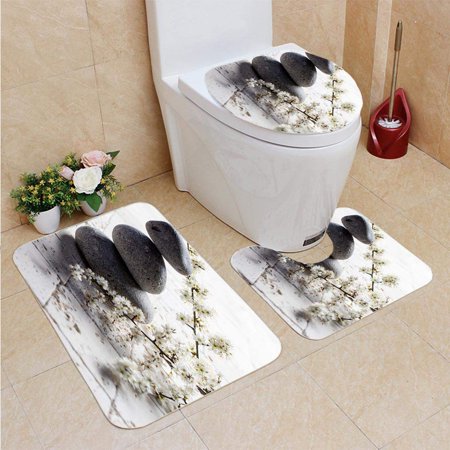 CHAPLLE Pebbles in Balance Zen Spring Flowers Meditation 3 Piece Bathroom Rugs Set Bath Rug Contour Mat and Toilet Lid Cover