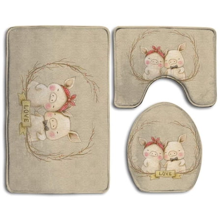 CHAPLLE Pig Love 3 Piece Bathroom Rugs Set Bath Rug Contour Mat and Toilet Lid Cover