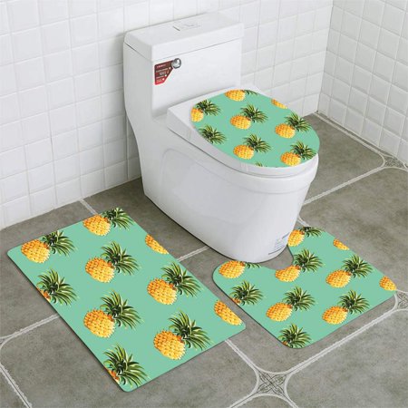 CHAPLLE Pineapples in Retro Style 3 Piece Bathroom Rugs Set Bath Rug Contour Mat and Toilet Lid Cover