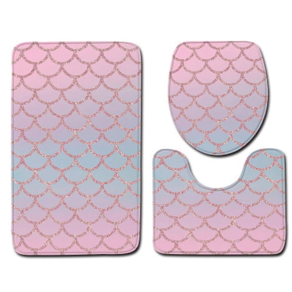 CHAPLLE Pink Blue Mermaid Scales 3 Piece Bathroom Rugs Set Bath Rug Contour Mat and Toilet Lid Cover