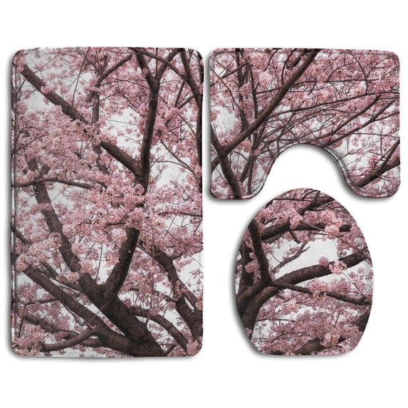 CHAPLLE Pink Cherry Tree Blossom 3 Piece Bathroom Rugs Set Bath Rug Contour Mat and Toilet Lid Cover