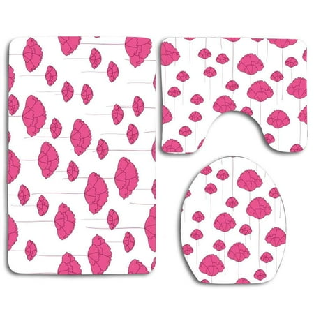 CHAPLLE Pink Floral 3 Piece Bathroom Rugs Set Bath Rug Contour Mat and Toilet Lid Cover