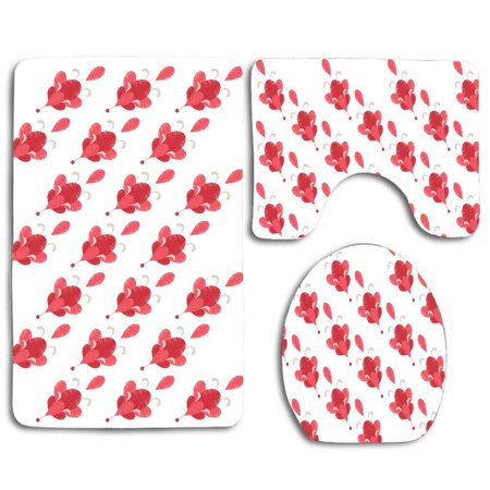 CHAPLLE Pink Flowers Bee 3 Piece Bathroom Rugs Set Bath Rug Contour Mat and Toilet Lid Cover