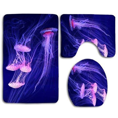 CHAPLLE Pink Jellyfishea 3 Piece Bathroom Rugs Set Bath Rug Contour Mat and Toilet Lid Cover