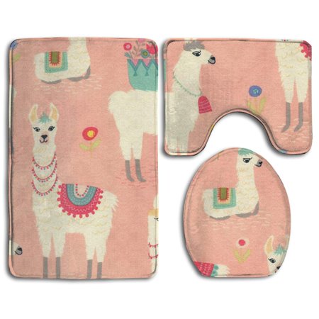CHAPLLE Pink Llama 3 Piece Bathroom Rugs Set Bath Rug Contour Mat and Toilet Lid Cover