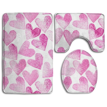 CHAPLLE Pink Love Heart 3 Piece Bathroom Rugs Set Bath Rug Contour Mat and Toilet Lid Cover