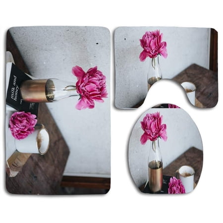 CHAPLLE Pink Peony Flower Books Coffee Mug Wooden 3 Piece Bathroom Rugs Set Bath Rug Contour Mat and Toilet Lid Cover