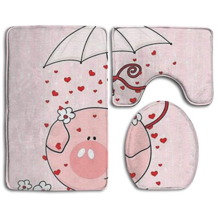 CHAPLLE Pink Pig Umbrella 3 Piece Bathroom Rugs Set Bath Rug Contour Mat and Toilet Lid Cover
