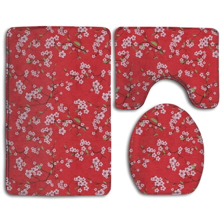 CHAPLLE Pink Plum Blossom 3 Piece Bathroom Rugs Set Bath Rug Contour Mat and Toilet Lid Cover