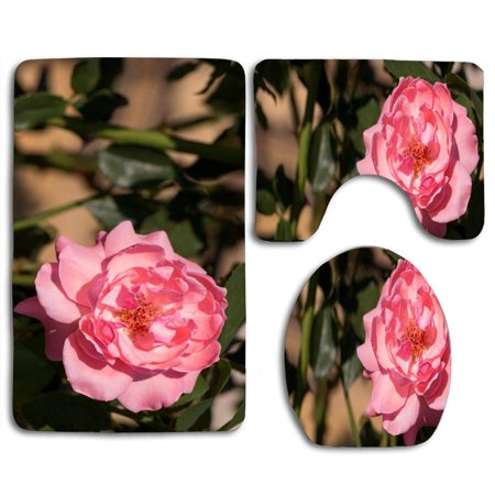 CHAPLLE Pink Rose Blossom in Full Bloom 3 Piece Bathroom Rugs Set Bath Rug Contour Mat and Toilet Lid Cover